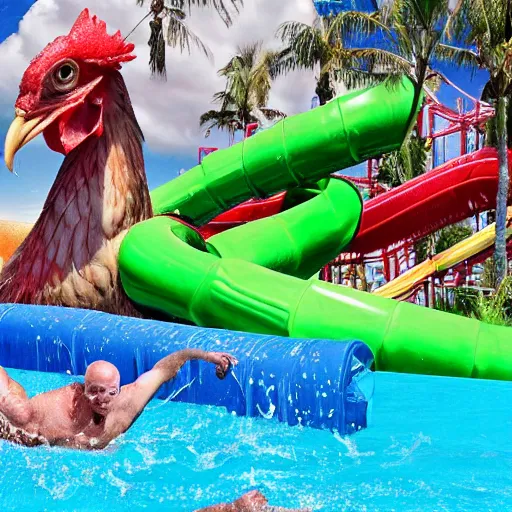 Image similar to photo of an enormous raw chicken emerging from the bottom of a waterslide at a water park on a sunny day in the style of a coca cola ad