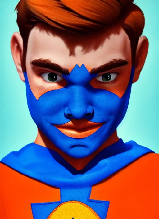 Image similar to friendly teenage archie andrews wearing an orange superhero costume with heart logo, heart, orange costume, blue cape, freckles, cape, heart emblem on chest, heart, blue cape, intricate, elegant, glowing lights, highly detailed, digital painting, artstation, sharp focus, illustration, art by wlop, mars ravelo and greg rutkowski