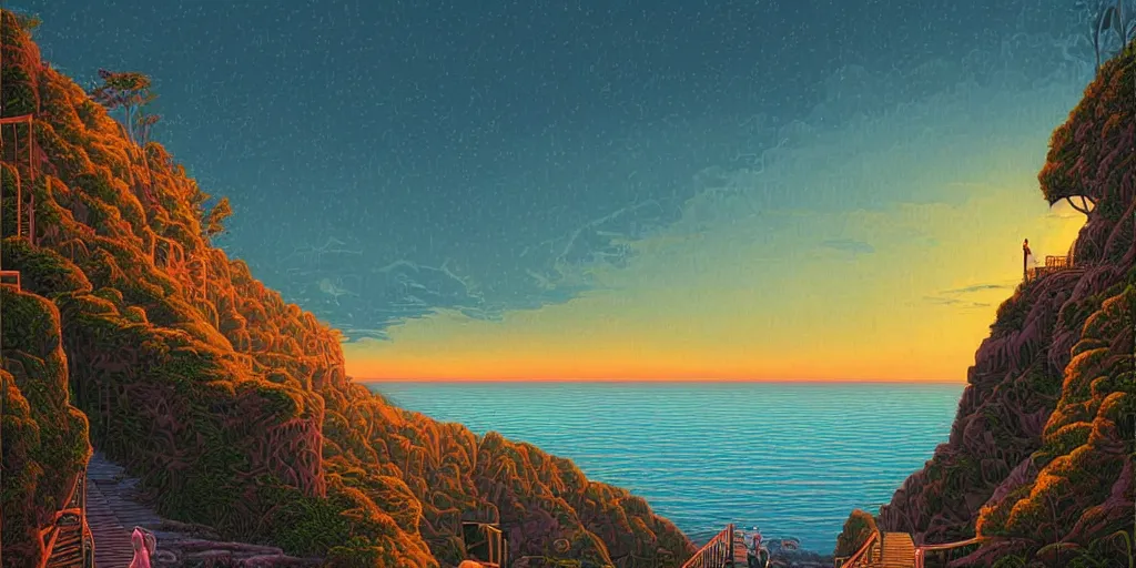 Image similar to epic professional digital art of a lonely street on a cliff over the sea at sunset, by Casey Weldon, dan mumford 8k ultra high definition, upscaled, perfect composition , golden ratio