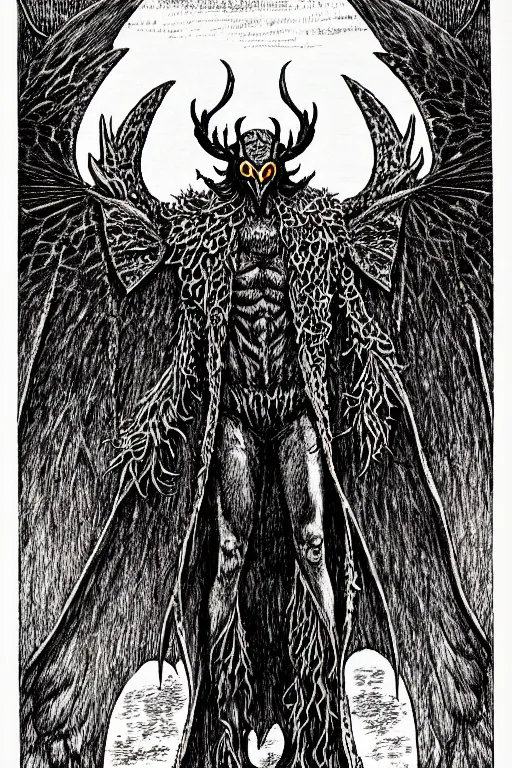 Image similar to mothman as a d & d monster, full body, pen - and - ink illustration, etching, by russ nicholson, david a trampier, larry elmore, 1 9 8 1, hq scan, intricate details, inside stylized border