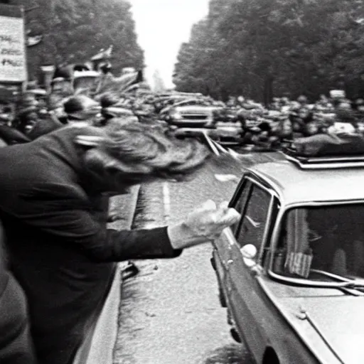 Prompt: realistic photograph of john f. kennedy surviving a sniper shot in his car, 1 9 6 3, pepe the frog among the crowd,