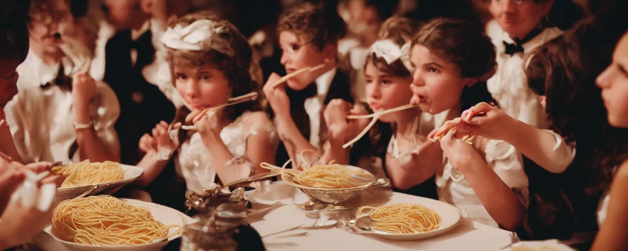 Image similar to young people eating spaghetti at a cotillion dance, fancy outfits, high detailed face, facial expression, small details, intricate, canon 5 0 mm, high detail, intricate, cinematic lighting, photography, wes anderson, film, kodachrome