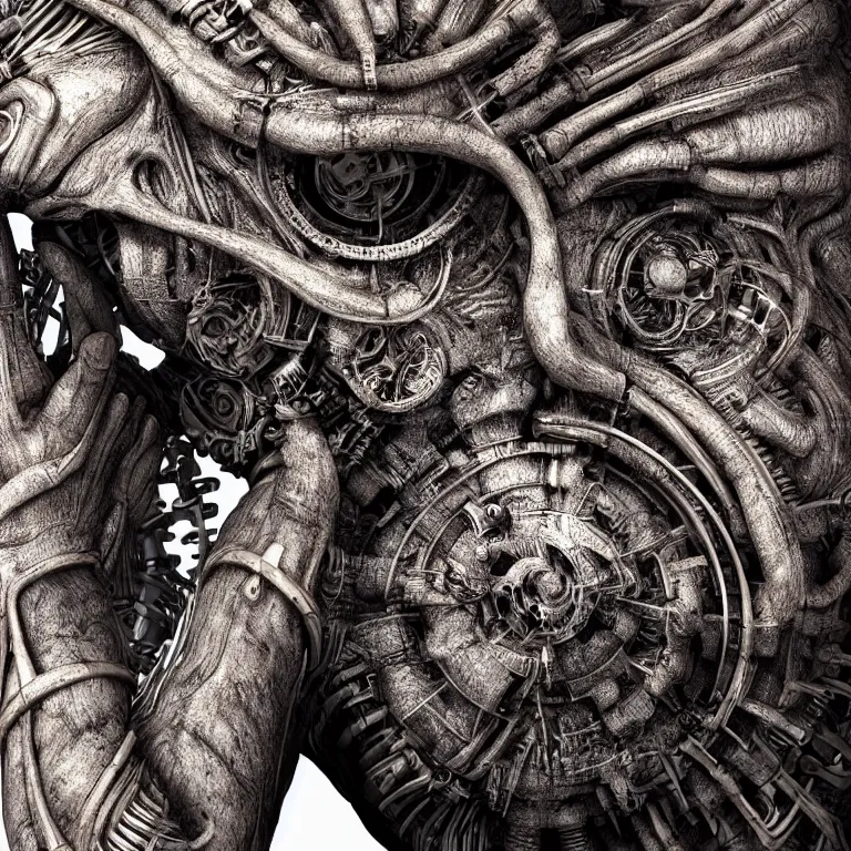 Image similar to surreal biomechanical spinal ribbed tribal organic face portrait of mechanical animal, beautiful detailed intricate insanely detailed 3D render digital art, octane render, 8K artistic photography, photorealistic