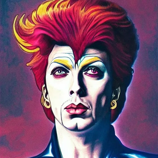 Image similar to tim curry as ziggy stardust, smooth, sharp focus, intricate, elegant, artgerm, alphonse mucha, trending on deviantart