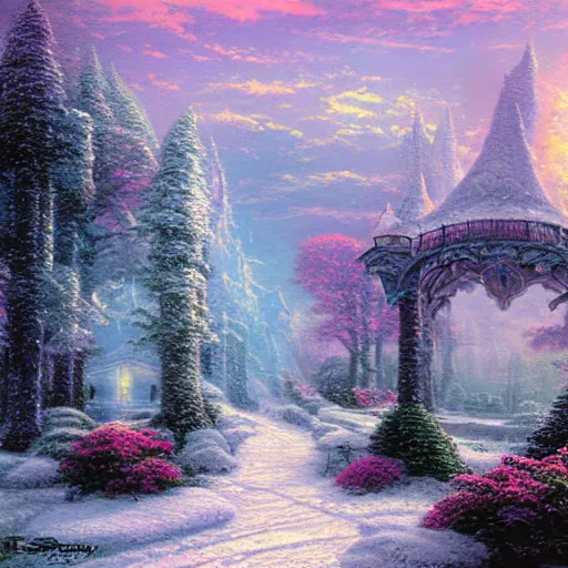 Prompt: hyperborean city, by Thomas Kinkade