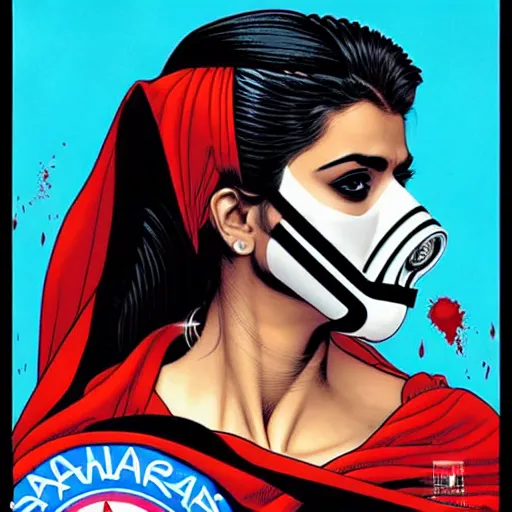 Image similar to a profile photo of a pakistaniwoman with a diving oxygen mask with side profile blood in ocean intricate details by MARVEL comics and Sandra Chevrier-C