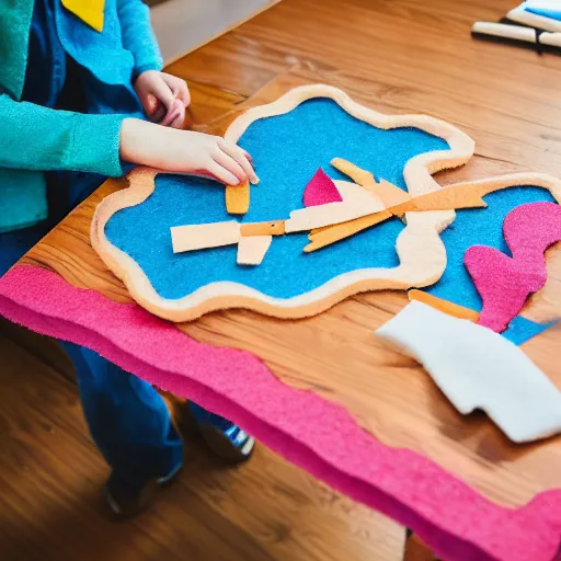 Image similar to a person crafting a school out of felt, photography, table, pov,