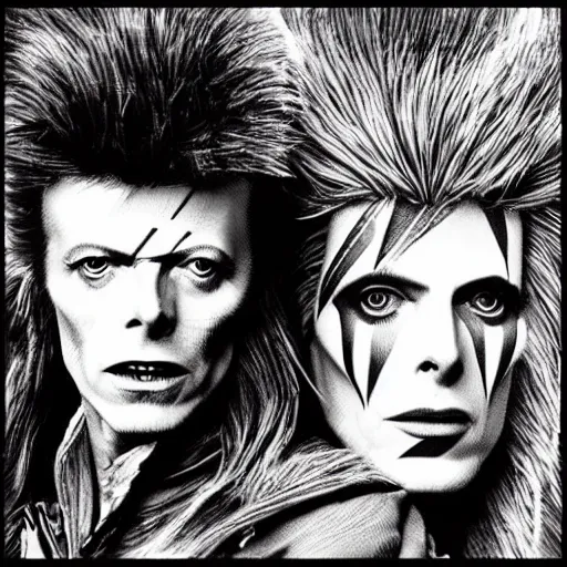 Image similar to david bowie from labyrinth getting a piggy back ride from ziggy stardust, digital art, glam rock. pop art background.