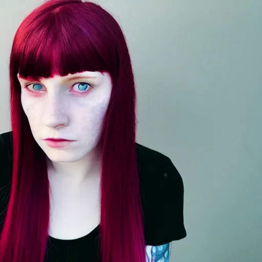 Image similar to a pale girl with piercing blue eyes and dyed wine red hair, soft facial features, looking directly at the camera, head shot, instagram picture