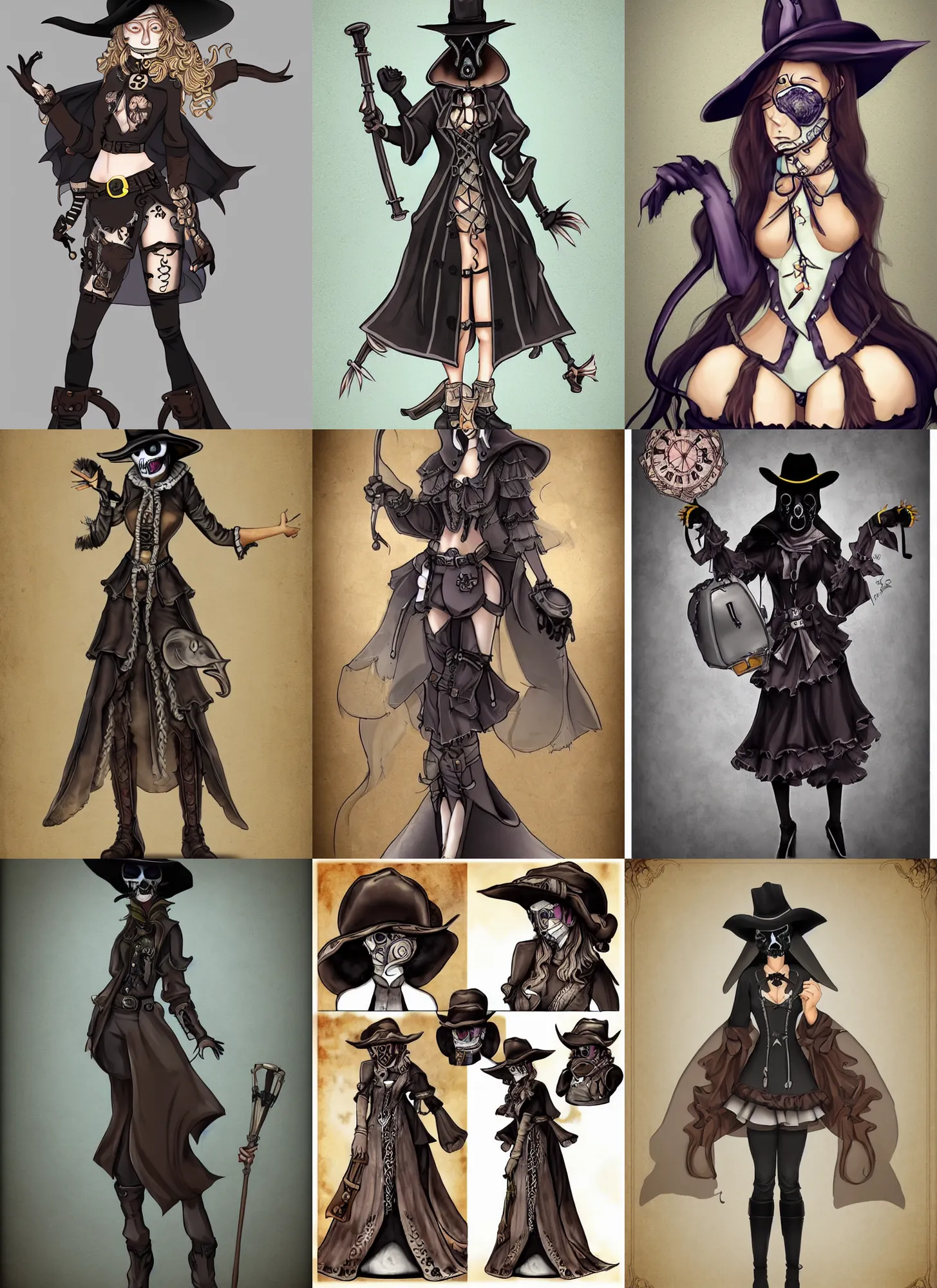 Prompt: cowgirl plague doctor with a beautiful face detailed clothing, full body concept, anime style