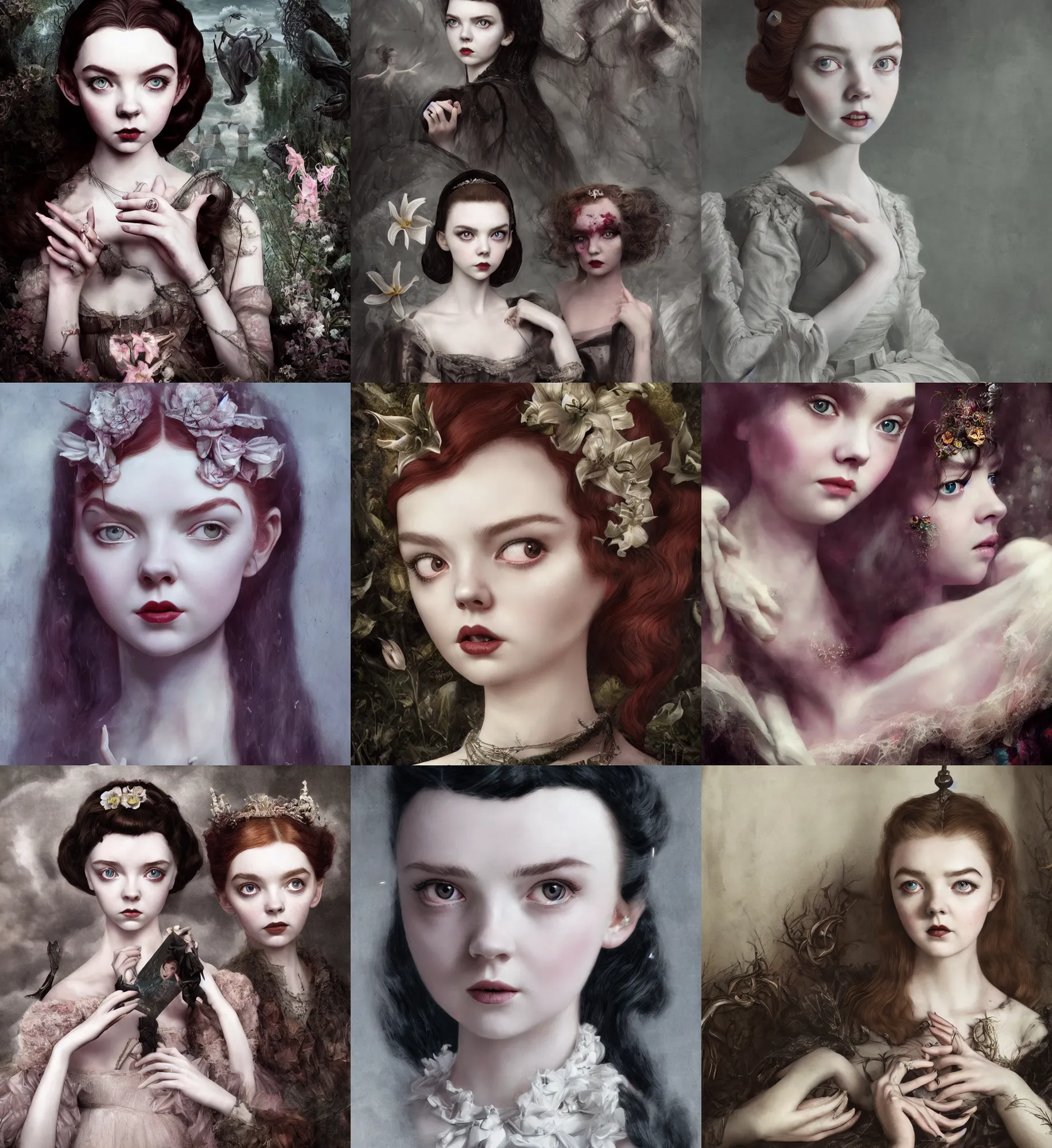 Prompt: a mix of of lily cole, anya taylor - joy and audry hepburn, evil sorceress, dark magic, evil, 1 8 th century manor, hyperrealism, 8 k, octane render, photorealistic, extremely detailed, intricate, style of mark ryden, lostfish, earl nore, hyung tae, frank frazetta