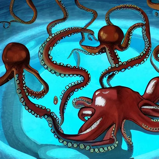 Prompt: cartoonish lab with a large realistic octopus floating in the center dimly lit