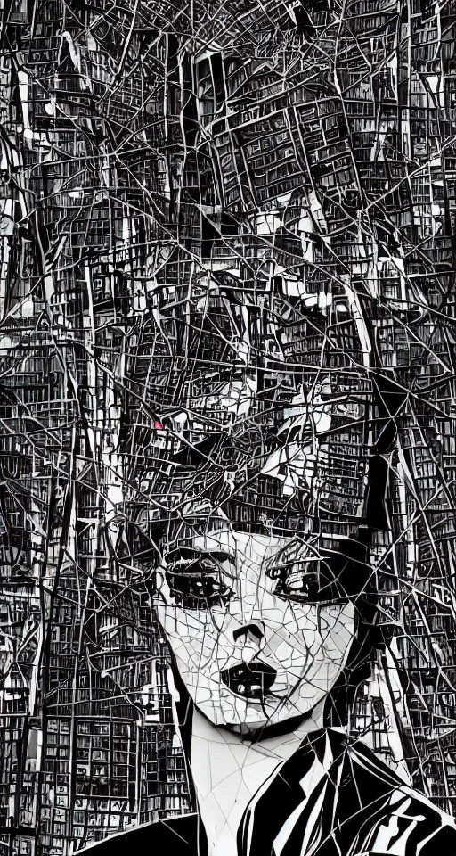 Image similar to cypherpunk fashion illustration, camera face, pop art, city street background with high tall buildings, central park, abstract portrait highly detailed, finely detailed, shadows realism