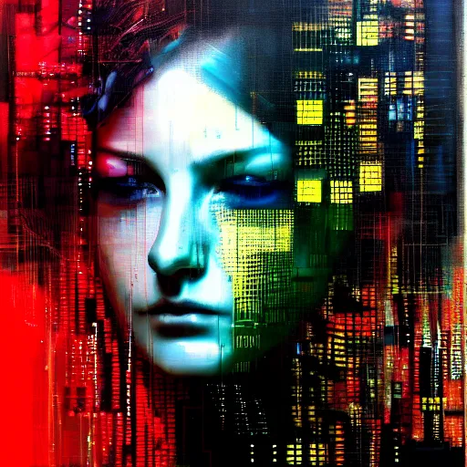 Prompt: hyperrealistic portrait of a cyberpunk woman, digital ui, by Guy Denning, Johannes Itten, Russ Mills, glitch art, hacking effects, glitch effects, digitial tech effects, cybernetics, chromatic, color blocking!, oil on canvas, concept art, abstract