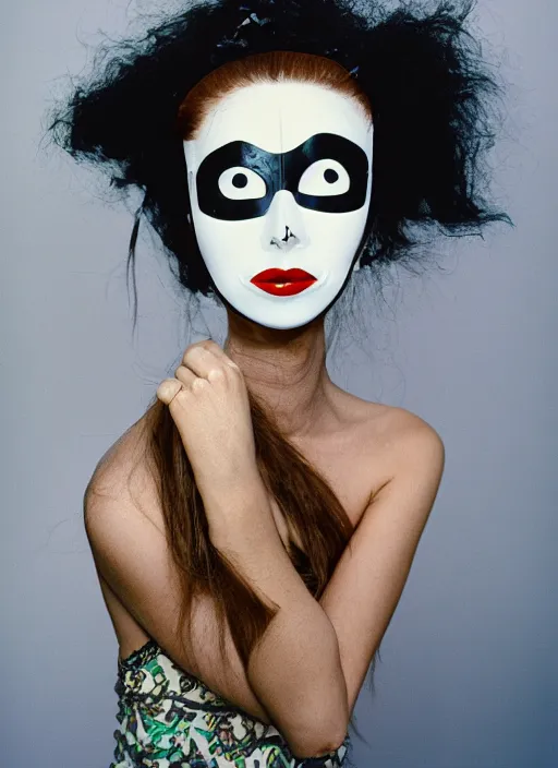 Image similar to a fashion portrait photograph of a woman wearing a plastic mask designed by tim burton, 3 5 mm, color film camera, pentax