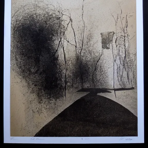 Image similar to painting by Harald Wiberg, lithography, black and white