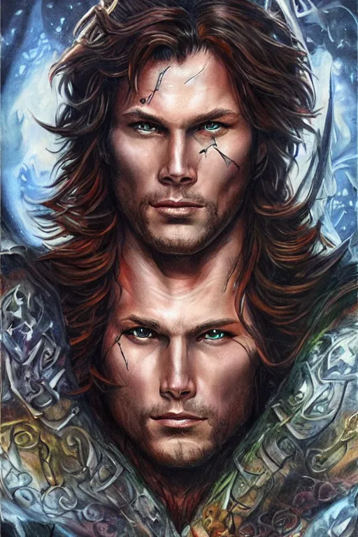 Image similar to front portrait of attractive sam winchester as a druid warrior, clothes torn apart, muscular chest tattooed with runes and symbols, d & d!, fantasy style, sharp focus!, ultra detailed, art by artgerm and peter andrew jones, wlop