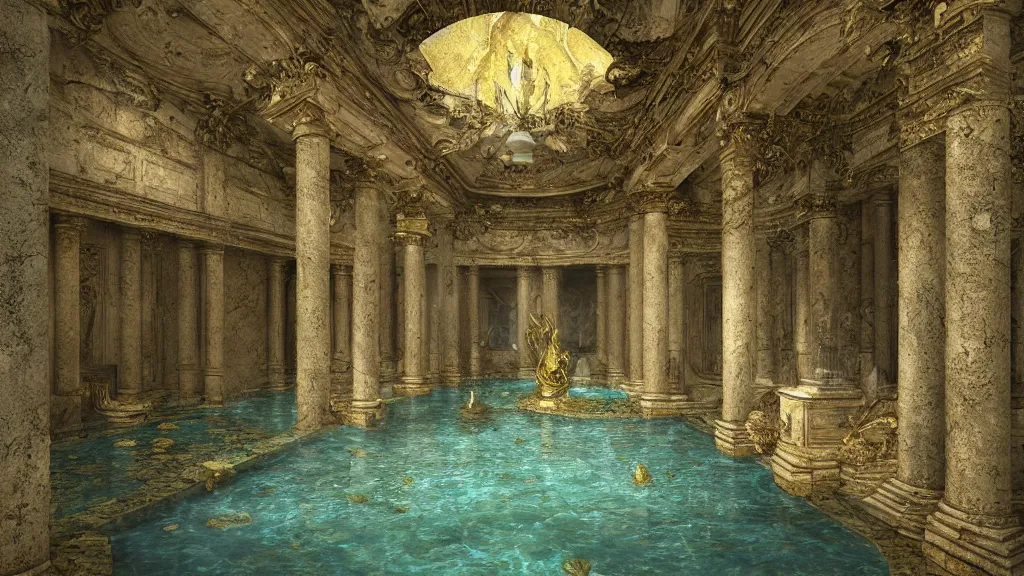 Image similar to roman bath, marblefloor with gold pattern, golden snakes, mossy pillar, ruin, godrays, fog, waterfall, cgsociety,