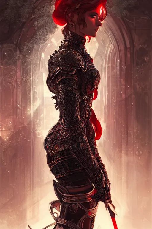 Image similar to portrait knights of Zodiac girl+smoky eyes, black fire red color reflected armor, in ruined Agora of Athens rainy night, ssci-fi and fantasy, intricate and very very beautiful and elegant, highly detailed, digital painting, artstation, concept art, smooth and sharp focus, illustration, art by tian zi and WLOP and alphonse mucha