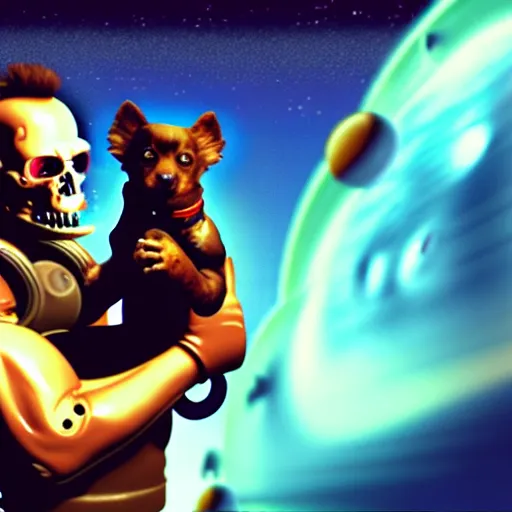 Image similar to t 8 0 0 terminator eating sandwich, hugging a cute puppy while surfing on a saxophone over rings of saturn in space, team fortress 2 sцcreenshot