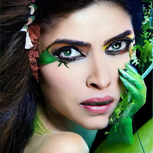 Image similar to A beautiful portrait of Deepika Padukone as Poison Ivy from Batman as a Versace fashion model Spring/Summer 2010, highly detailed, in the style of cinematic, Getty images, Milan fashion week backstage, Makeup by Pat McGrath, Hair by Guido Palau, Greg rutkowski