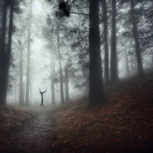 Image similar to a very detailed photograph of a wendigo in a dark foggy forest 4 k, high resolution, still, landscape, hd, dslr, hyper realistic