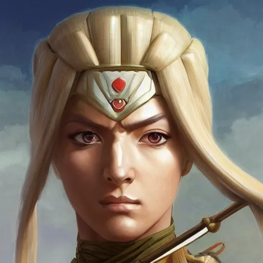 Image similar to character concept portrait of tsunade as an ancient greek soldier, tall, muscular, blonde, modestly clothed, on a battlefield, highly detailed, digital painting, artstation, concept art, symmetry, smooth, sharp focus, illustration, art by artgerm and greg rutkowski and alphonse mucha