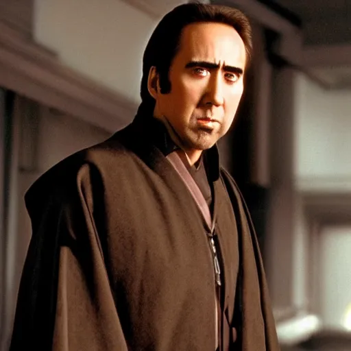 Prompt: Nicholas Cage as a Jedi Knight, cinematic, Kodak 2383 film