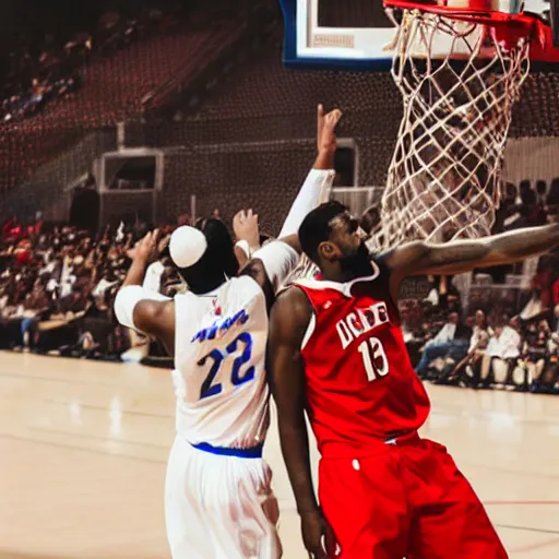 Prompt: Dominican man dunking on lightskin man in a basketball court, realistic photograph, 4k