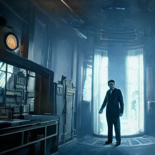 Image similar to a highly detailed cinematic photo from a live - action bioshock movie. andrew ryan, portrayed by evan peters, is shown standing in a 1 9 3 0's office with a large desk in front of an immense floor - to - ceiling window looking out into the underwater city of rapture. sea life including a blue whale is shown outside of the window