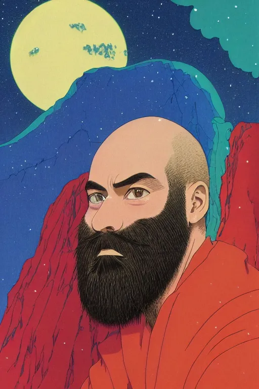 Image similar to a colorful closeup portrait of a handsome young bald man with a very long wild beard dreaming psychedelic hallucinations in the vast icy landscape of antarctica, by kawase hasui, moebius and edward hopper, colorful flat surreal design, hd, 8 k, artstation