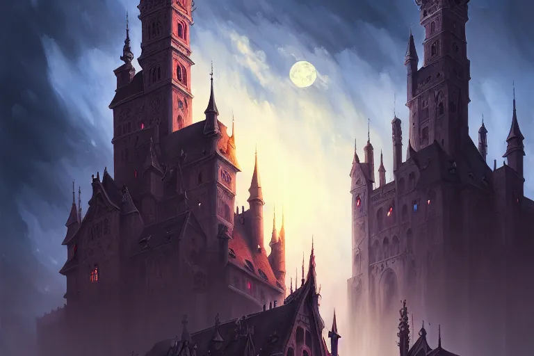 Prompt: foggy intricate gothic castle under the full moon, epic, intricate oil painting, high detail illustration, sharp high detail, manga and anime, official fanart behance hd artstation by jesper ejsing and makoto shinkai, 4 k,