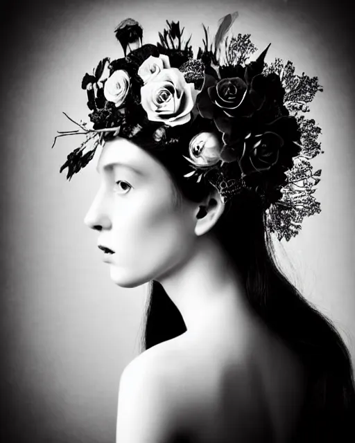 Image similar to a black and white high quality dreamy photo of a young beautiful female queen-pale dragon-vegetal-many big steampunk flowers-cyborg bust with a very long neck, elegant, highly detailed, poetic, soft, dreamy, mysterious, high fashion, in the style of Diane Arbus, Realistic, Refined, Digital Art, Highly Detailed, Cinematic Lighting, rim light, black and white, photo-realistic, 8K