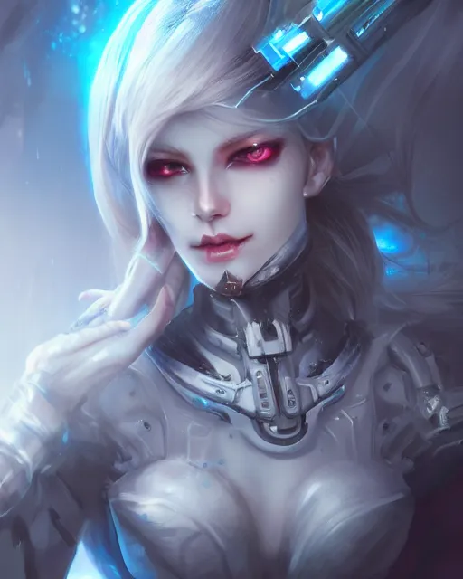 Image similar to holy cyborg necromancer girl, elegant, perfect face, scifi, futuristic, utopia, garden, illustration, atmosphere, top lighting, blue eyes, white hair, focused, artstation, highly detailed, art by yuhong ding and chengwei pan and serafleur and ina wong