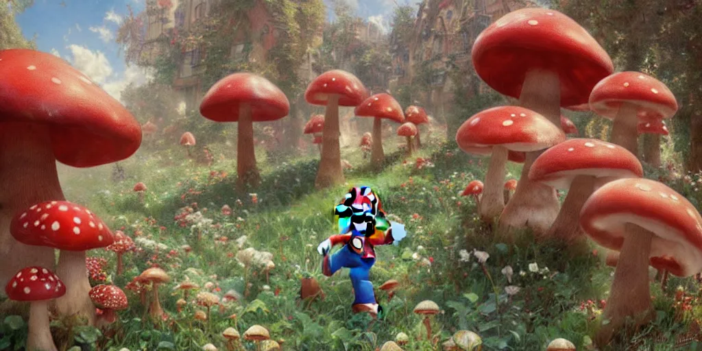 Prompt: Super Mario walking through the Mushroom Kingdom, Super Mario Theme, hundreds of red and white spotted mushrooms, by Stanley Artgerm Lau , greg rutkowski, thomas kindkade, alphonse mucha, loish, norman Rockwell