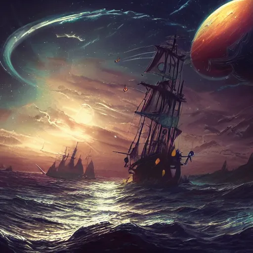 Prompt: pirate ship sailing through space with galaxies in the distance, trending on artstation, ultra fine detailed, hyper detailed, hd, concept art, digital painting