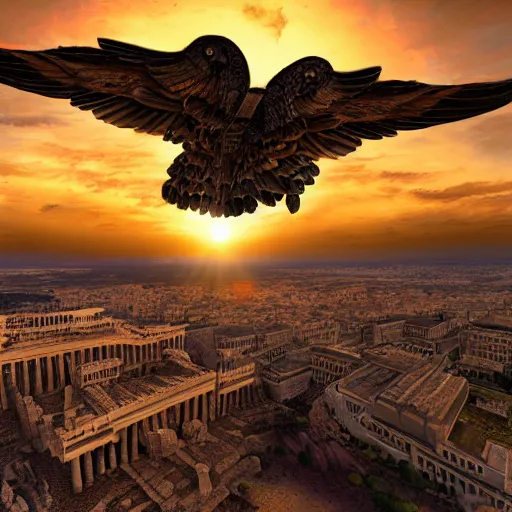 Image similar to the Parthenon with wings on its sides, flapping its wings flying in sunset sky, oil on canvas, intricate, 8k highly professionally detailed, HDR, CGsociety