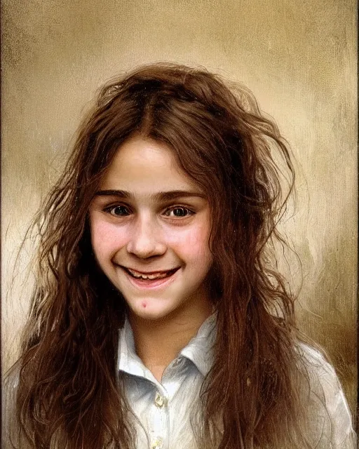 Image similar to close up portrait of 1 5 - year - old girl, smile with large front teeth, hermione granger, very bushy brown hair, and very bright brown eyes, wearing white shirt, hyper realistic face, beautiful eyes, close up, fantasy art, in the style of greg rutkowski, intricate, alphonse mucha, hyper detailed, smooth