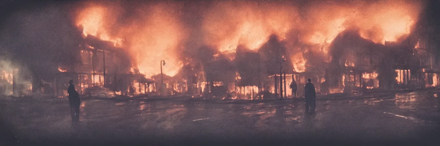 Image similar to detailed medium format photo, polaroid still from a scandinavian movie, sleazy man watching night streets while a single house burns in the background, haze, high production value, intricate details, 8 k resolution, hyperrealistic, hdr, photorealistic, high definition, tehnicolor, award - winning photography, masterpiece, amazing colors