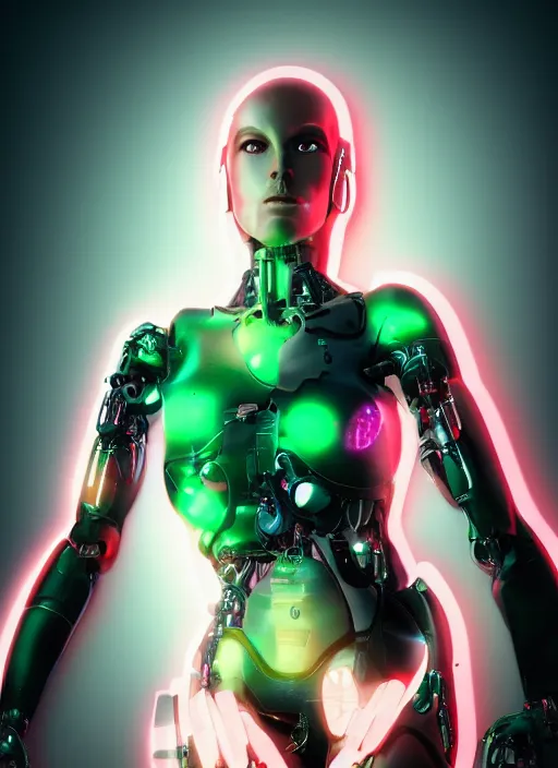 Image similar to photorealistic detailed full body picture of a female cyborg, pretty face, with head arms legs feet and hands, glamour pose, neon lights, humanoid, extreme, uhdr, book called the most influental cyborg in 2 0 5 0, fine details, highly detailed, intricate, smooth sharp focus, symmetrical features, environmental portrait, realistic render