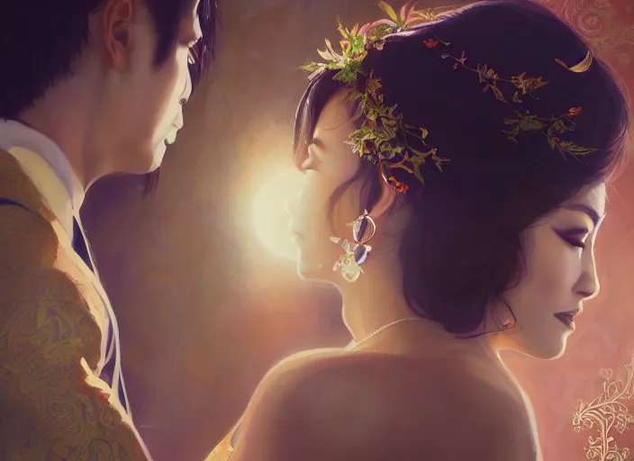 Image similar to a cinematic portrait of wedding photograph jpeg close up moment of a divine a japan sun god and moon goddess lovers magician at a wedding banquet. portraiture. digital painting. artstation. concept art. wedding photo. digital painting. iolet evergarden art masterpiece by art by krenz cushart