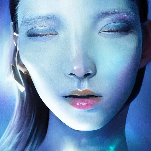 Image similar to sci - fi, close - up, 3 d, moon rays, night, cinematic, fashion model face, clouds, sun rays, vogue cover style, poster art, blue mood, realistic painting, intricate oil painting, high detail illustration, figurative art, multiple exposure, 3 d, by tooth wu and wlop and beeple and greg rutkowski