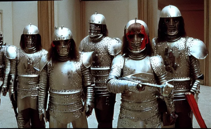 Image similar to Knights with heavy metal armor starring in the shining by stanley kubrick, shot by 35mm film color photography