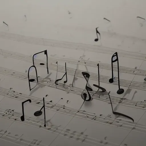 Image similar to a sculpture of music notation, three quater notes, art installation, made of polished reflective broze, cinematic light, rain, 8 k, octane render, reflections,