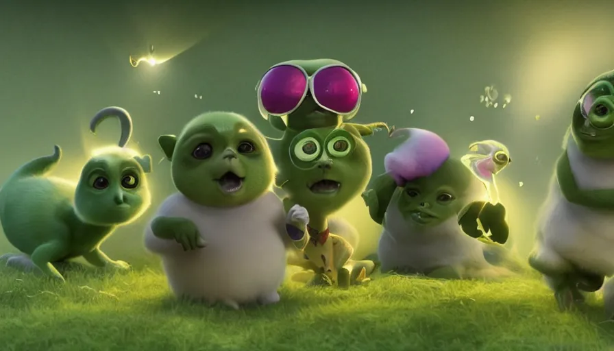 Image similar to very very very cute green baby animals by Max Kostenko and Bobby Chiu, disney, pixar, MPC, Framestore, character design for animation, uplight, a lineup of characters, big disney eyes, symmetrical yellow eyes, cuteness, 3d render, octane rendered, highly detailed, cinematic lightning, rendered by maya and houdini, highly detailed, unreal engine, Trending on Artstation, octane render, 4k, 8k, HD, oil on Canvas by Elena Zhurikhina and Goro Fujita and Charlie Bowater