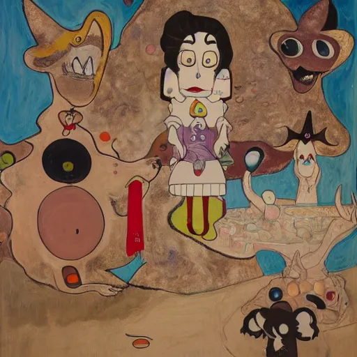 Prompt: an oil painting by Gary Baseman and Egon Schiele and Takashi Murakami