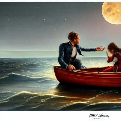 Prompt: man and daughter in a small boat on a rough sea late at night, moonlight reflections across water, hyper realism, high detail, deep aesthetic, rich colors, 4k, highly ornate intricate details, variations,