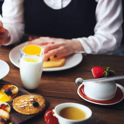 Prompt: it is breakfast in an office, close up for food