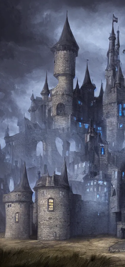 Image similar to A digital concept art painting of a dark blue medieval fantasy european ghotic castle with black brick in desert, 4K UHD image, unreal engine, Graphic Novel, Visual Novel