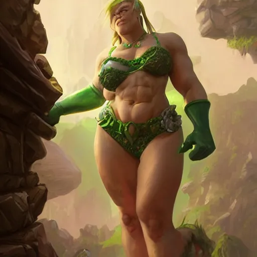Image similar to muscular female ogre, green face, deep focus, d & d, fantasy, intricate, elegant bikini, highly detailed, digital painting, artstation, concept art, matte, sharp focus, illustration, hearthstone, art by artgerm and greg rutkowski and alphonse mucha
